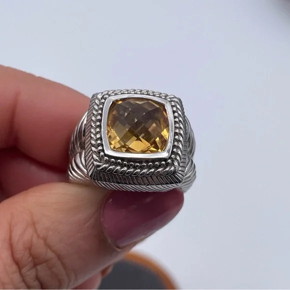 Judith Ripka Citrine Cushion Ring Sterling Silver 925 Double Cable Shank Size 8 - Picture 9 of 10